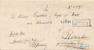 Koszalin - Mysłowice obwoluta listu z treścią 1853 rok