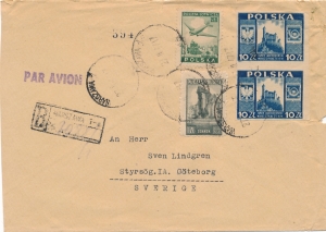 0399 koperta listu zagranicznego poleconego lotniczego 1947 rok