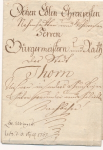 Elbląg - Toruń obwoluta listu 1767 rok