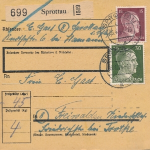 Szprotawa skart pakenkarte 1944 rok