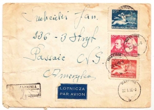 0445 +449 +453 koperta list lotniczy polecony Małkinia -USA 1950 rok