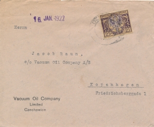0135 I koperta listu zagranicznego dziurkowanie firmowe Czechowice-Dziedzice 1922 rok