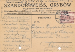 0296 kartka firmowa Grybów 1937 rok