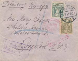 0090+91 koperta listu poleconego zagranicznego cenzura wosjkowa 1919 rok
