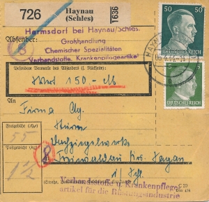 Chojnów skart pakenkarte do Żagania 1944 rok
