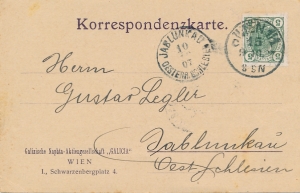 Wiedeń - Jabłonków ( Zaolzie ) kartka 1907 rok