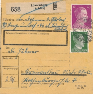 Lwówek Śląski  Lowenberg skart pakenkarte 1943 rok