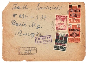 0398 +441 +442 koperta list lotniczy polecony Ostrów Maz. -USA 1948 rok
