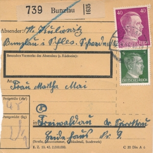 Bolesławiec - Bunzlau skart pakenkarte 1944 rok