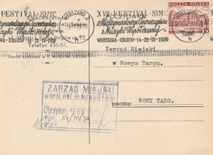 0296 kartka wirnik okolicznościowy XVII Festiwal SMC Warszawa-Kraków 1939 rok
