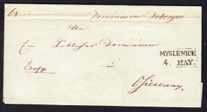 Myślenice obwoluta listu z treścią 1852 rok