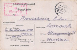 Woldenberg - Sosnowiec kartka 1943 rok cenzura