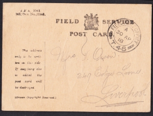 Anglia formularz poczty wojskowej obieg pocztowy 1918 rok