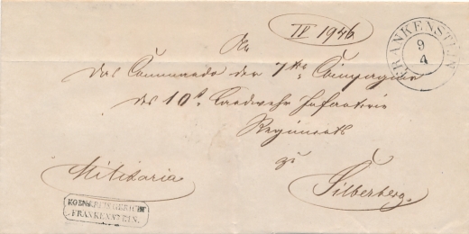 Frankenstein - Silberberg obwoluta listu wojskowego 1851 rok