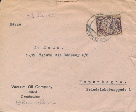 135 I koperta listu zagranicznego dziurkowanie firmowe Czechowice-Dziedzice 1921 rok 