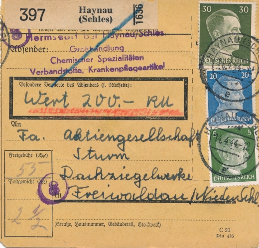 Chojnów - Haynau skart pakenkarte 1944 rok