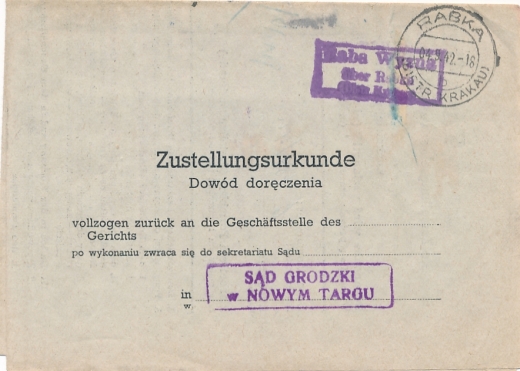 Raba Wyzna stempel prowizoryczny pisma sądowego 1942 rok