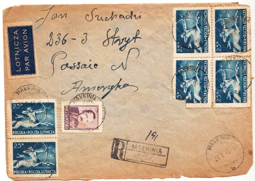0445 +474 koperta list lotniczy polecony Małkinia -USA 1949 rok