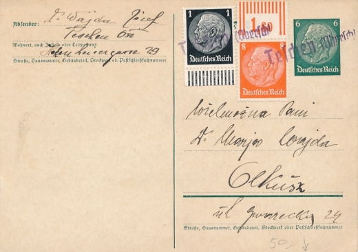 Cieszyn - Olkusz kartka pocztowa kasownik prowizoryczny 1939 rok