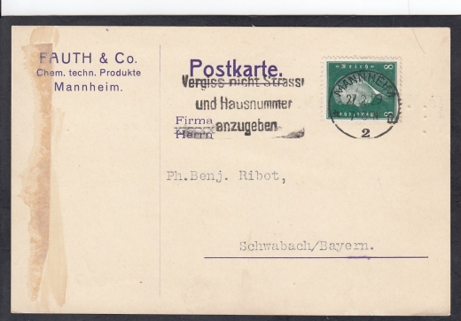 Deutsches Reich Mi.412 kartka stempel Mannheim
