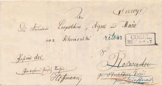 Koszalin - Mysłowice obwoluta listu z treścią 1853 rok