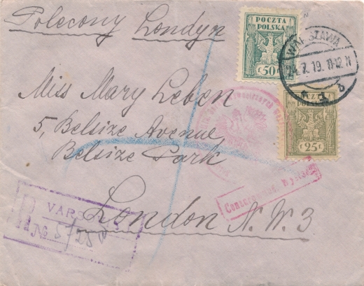 0090+91 koperta listu poleconego zagranicznego cenzura wosjkowa 1919 rok