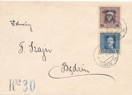 0029 koperta listu Sławków-Będzin 31.I.1919 gwarancja fotoatest