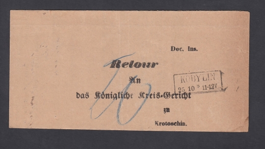 Kobylin-Krotoszyn obwoluta listu urzędowego 1875 rok