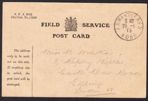 Anglia formularz poczty wojskowej obieg pocztowy 1915 rok