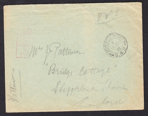 Anglia koperta listu cenzura 1918 rok