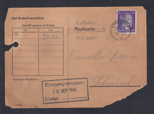 Deutsches Reich Mi.785 kartka stempel Remscheid 1942 rok