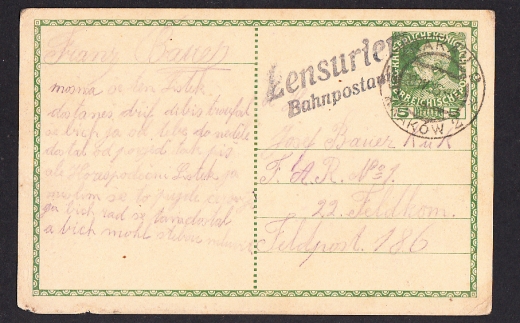 Kraków - kuk feldpost 186 cenzura dworcowa 1915 rok