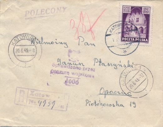  0365 koperta listu Katowice-Opoczno cenzura wojskowa 1606 1945