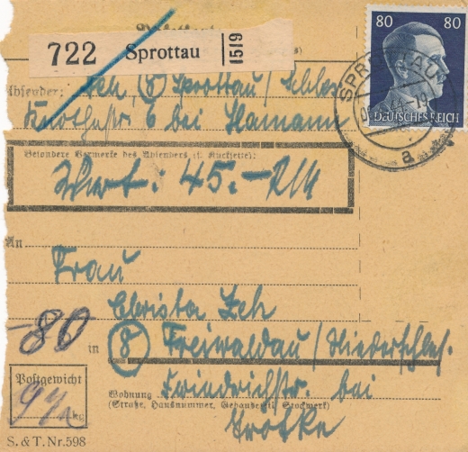 Szprotawa - Sprottau skart pakenkarte 1944 rok