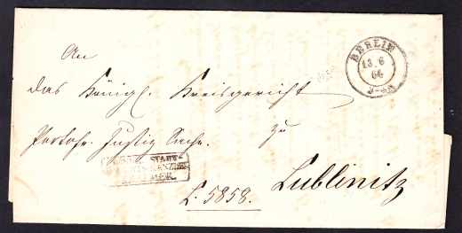 Prussen Berlin-Lubliniec obwoluta listu z treścią 1850 rok