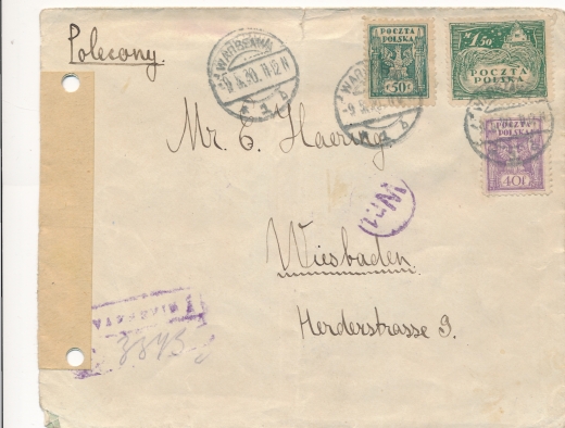 0093 koperta listu poleconego zagraniczna cenzura wosjkowa 1920 rok