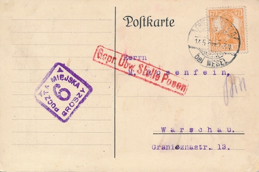 Poczta Miejska Warszawa kartka pocztowa stempel 2a cenzura