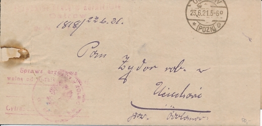 U6 obwoluta listu urzędowego Ostrów 1921 rok