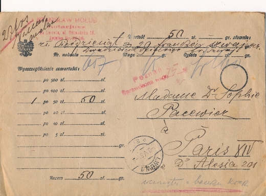 Lwów - Paryż koperta listu wartościowego 1931 rok