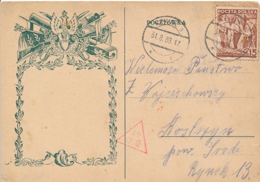0334 kartka pocztowa cenzura 31.VIII.1939 rok UP Kowel