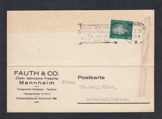 Deutsches Reich Mi.412 kartka stempel Mannheim 1929 rok
